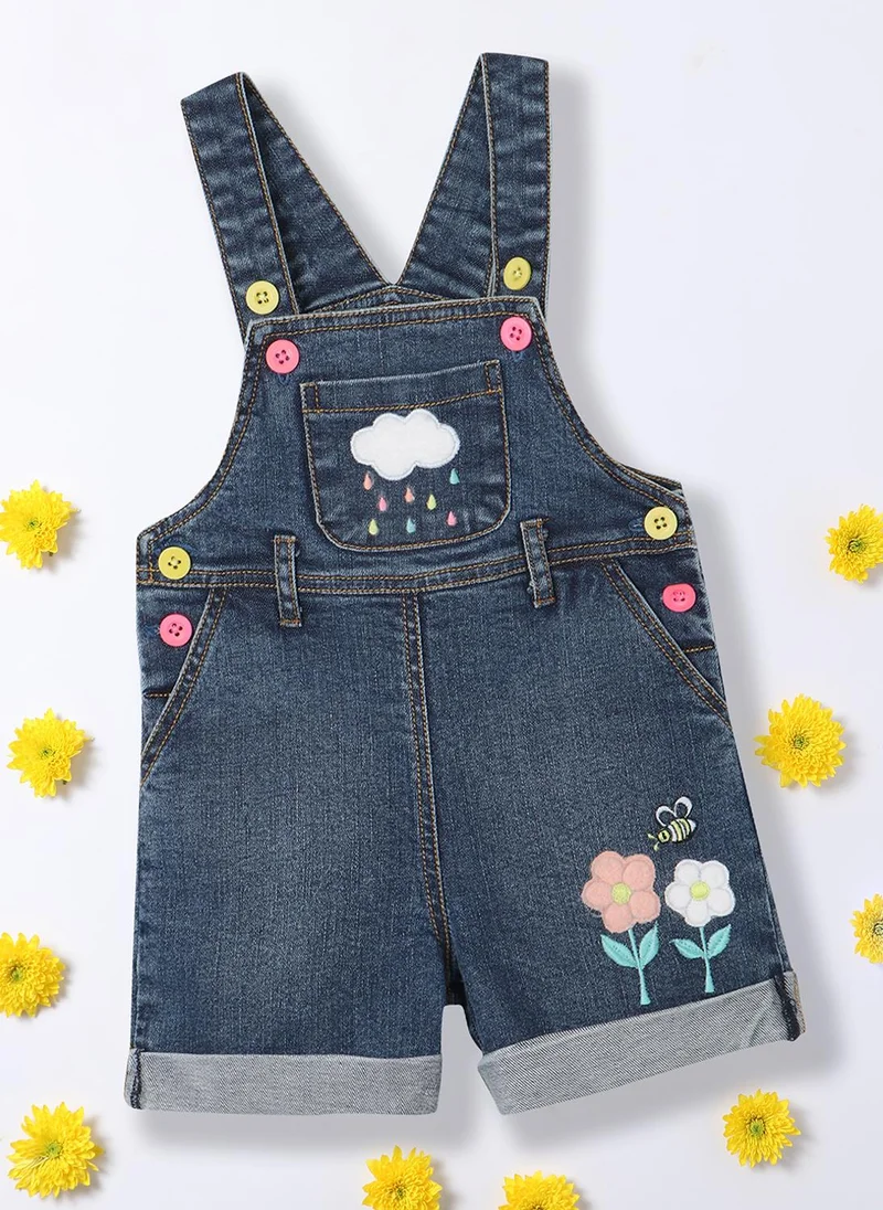 نوتيناتي Girls' Cloud, Rain, bees & Flower Embroidered Denim Dungaree